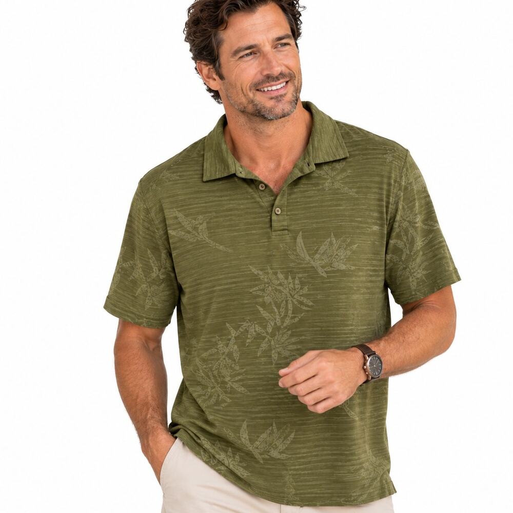Tommy Bahama Silk Blend Polo Shirt Mens Size Large Green Subtle Hawaiian Aloha
